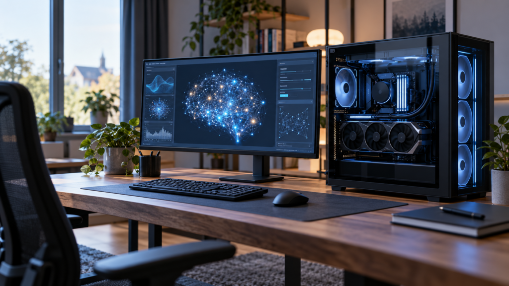 Desktop-PC mit Grafikkarte und KI-Netzwerk auf dem Monitor